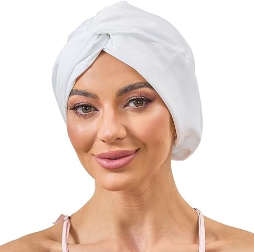 White Adjustable Silk Bonnet Satin Curly Hair Wrap for Sleeping Women by KAAHYNNO