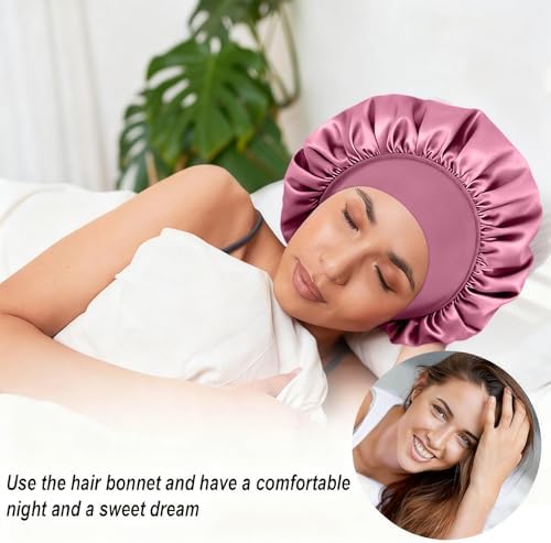 4Pcs Silk Satin Bonnets for Sleeping - Elastic Wide Band Wrap for Black Women Men,Silk Bonnets for Curly Hair Cap for Sleeping (Bean Paste Pink & Black & Purple & Brown) - Image 6