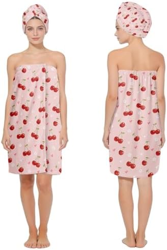 Absorbent Bath Towel Wrap Set (32 X 60 in), Pink Cherry Towel Wrap by HEIFAM
