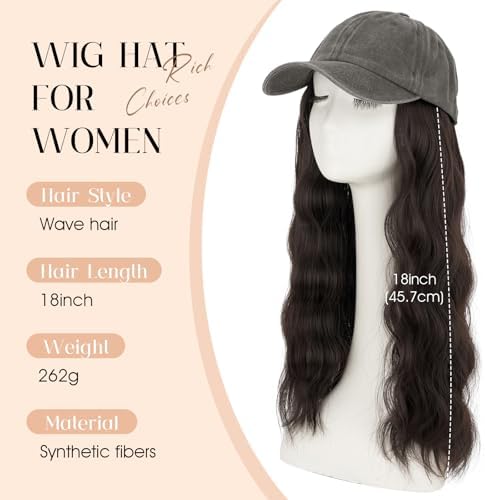 Rich Choices Hat Wigs for Women,Dark Gray Baseball Cap with Hair Extensions for Women,Caps with Wavy Curly Synthetic Long Hair Attached Adjustable Baseball Cap Wig 18 Inch Dark Brown Hair - Image 2