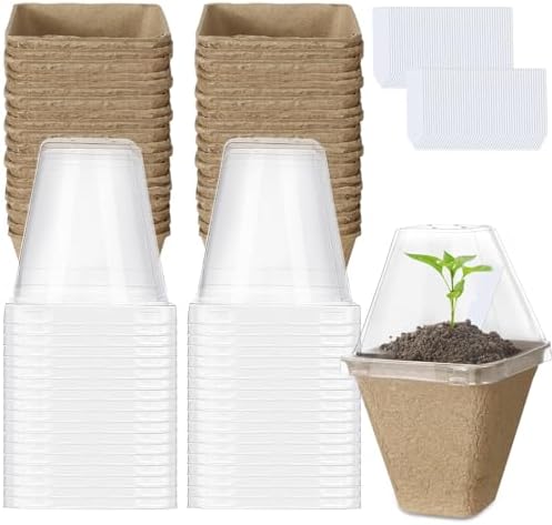 Aulock 36 Sets Plant Nursery Pots with Humidity Dome - 3in Seed Starting Pots, Square Peat Pots with 100 Labels for Garden Flowers Herbs Vegetables Seedlings by Aulock