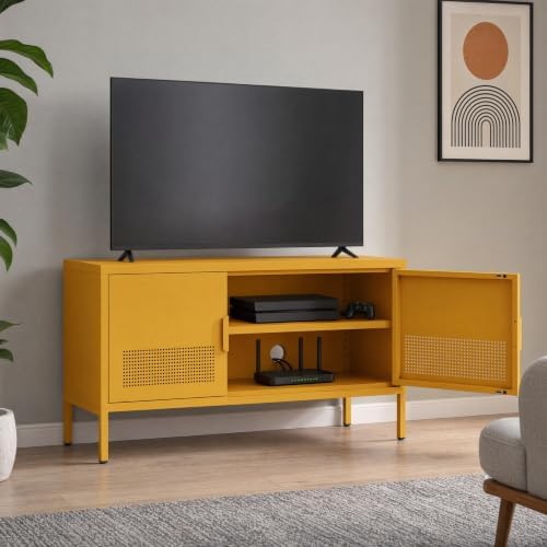Wide Metal TV Stand with Ventilated Mesh Doors and Adjustable Shelf, Low Media Console Accent Cabinet Locker, Yellow Multifunctional 2 Door Cabinet for Living Room Bedroom Home Office by HOME