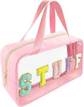 Bunliuys Chenille Letter Clear Makeup Bag Stuff Patch, Travel Toiletry Makeup Bag with Handle, Nylon Waterproof Makeup Bags clear cosmetic bag, preppy patch makeup bag for Women (STUFF-Pink) by Bunliuys