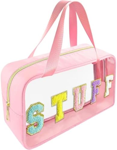 Bunliuys Chenille Letter Clear Makeup Bag Stuff Patch, Travel Toiletry Makeup Bag with Handle, Nylon Waterproof Makeup Bags clear cosmetic bag, preppy patch makeup bag for Women (STUFF-Pink) by Bunliuys