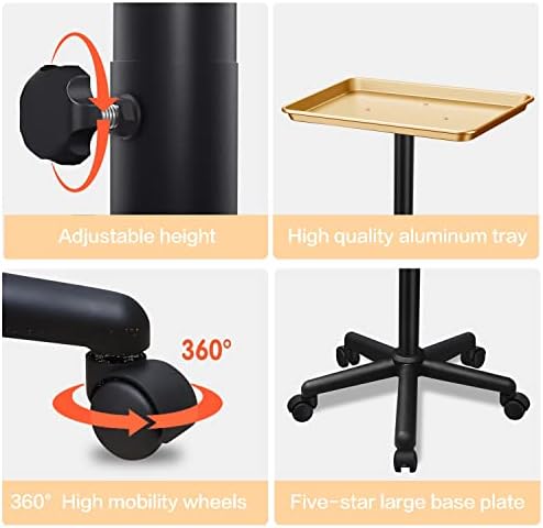 Golden Salon Tray Premium Aluminum Rolling Tray Adjustable Height Use for The Tattoo Tray Hairstylist Tray with Wheels(Golden) - Image 2