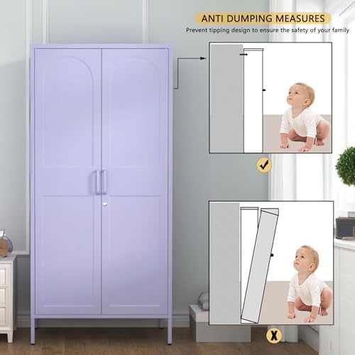 Lockable Metal Armoire Wardrobe Closet, 67 Inch Steel Clothing Storage Cabinet, Hanging Rod and Adjustable Shelves, Purple 2 Door Storage Cabinet for Bedroom Cloak Room Office Gym - Image 5