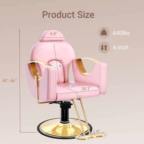 Salon Barber Chair for Hair Stylist, Professional Reclining Hydraulic Styling Chair with Heavy-Duty Pump, All Purpose Hairdresser Chair for Barbershop, Braiding, Shampoo, Spa Equipment, Cute Pink - Image 3