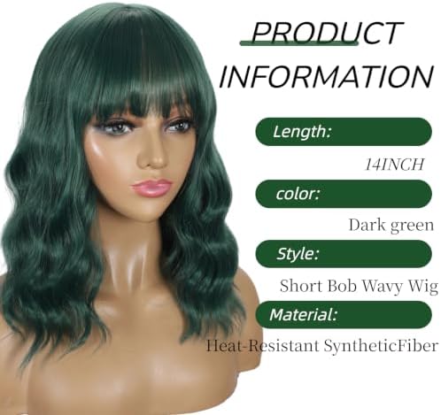 Sebast Pastel Bob Wigs with Bangs for Women Loose Wavy Wig Pastel Wavy Shoulder Length Bob Synthetic Cosplay Wig for Girl Colorful Costume Wigs (Dark green) - Image 2