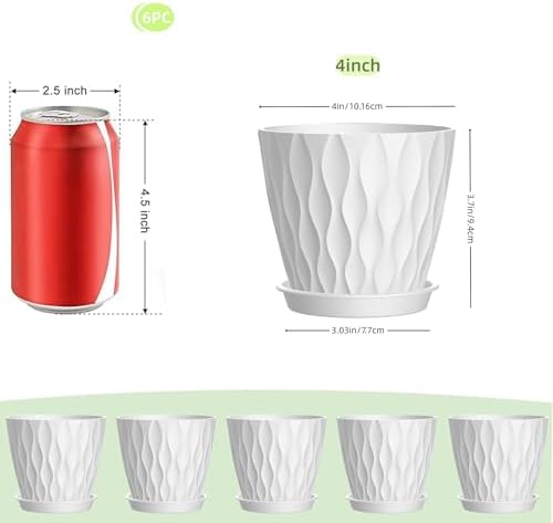 4 Inch Plant Pots, 6 Pack Indoor Flower Pots, Planters with Drainage Holes and Trays for Orchids, Violets, Succulents, Herbs, and Other Plants,White - Image 2