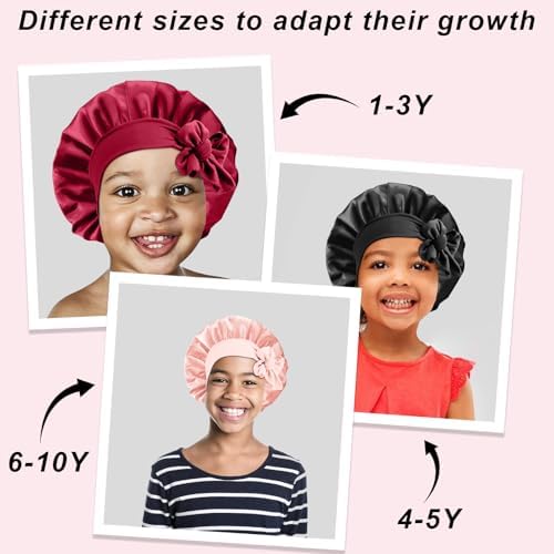 3 Pcs Kids Silk Bonnet for Sleeping-Baby Kids Satin Hair Bonnet for Curly Hair Girls Boys with Wide Elastic Band,Sleeping Cap for Teens Toddler (Wine Red+Black+Blush Pink) - Image 6