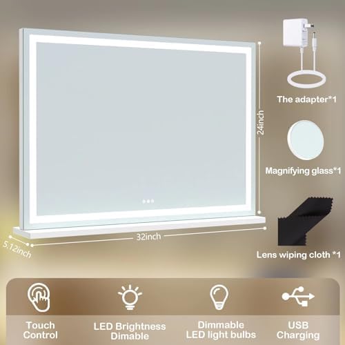 Gvnkvn Makeup Vanity Mirror with Lights 32" x 24" Large LED Makeup Mirror, Light up Mirror with 10X Magnification and USB Charging Port, Dimmable 3 Modes, Touch Screen Control Square Corner - Image 5