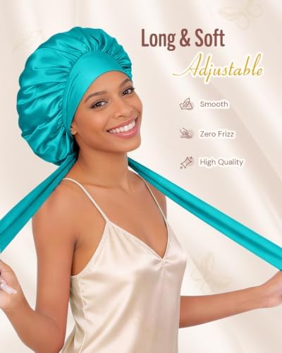 BONNET QUEEN Double Layer Silk Bonnet for Sleeping for Women Satin Lined Bonnet Night Cap for Curly Hair with Tie Band, Single Layer, Aqua Blue - Image 3