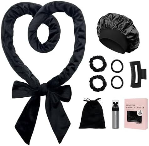ZILAMPU No Heat Overnight Hair Curlers for Women - 70" Soft Headband Wrap with 9 Hair Rollers for Long Wavy Curls, Gift Set - Black by ZILAMPU