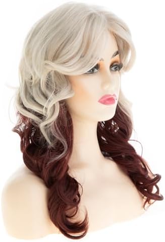 Long Curly Wavy Blonde to Burgundy Wig for Women with Bangs Natural Looking Synthetic Heat Resistant for Daily Party Costume Halloween - Image 3