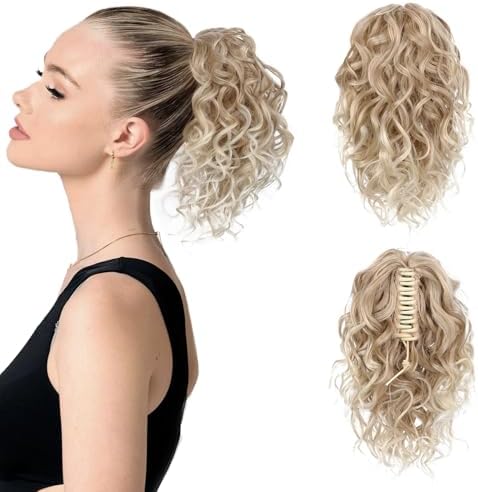 Flufymooz Ponytail Extension, 12" Short Claw Ponytail Extension Wavy Curly Jaw Clip in Pony tails Hair Extension Natural Synthetic Hairpiece for Women(Dark Blonde to Light Blonde) by Flufymooz