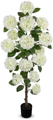 5FT White Hydrangea Artificial Flowers Tree Faux Hydrangea Plant Potted by Hollyone