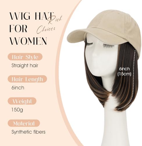 Rich Choices Hat Wigs for Women,Khaki Baseball Cap with Hair Extensions for Women,Short Bob Hairstyle Caps with Hair Attached Adjustable Baseball Cap Wig 6 Inch Highlighted Dark Brown Hair - Image 2