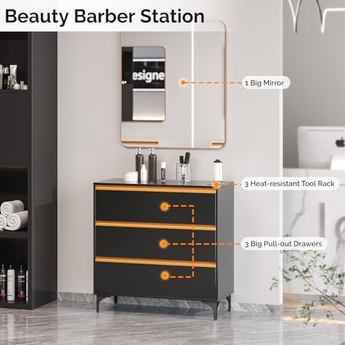 OmySalon Salon Station, Barber Station with Mirror & Drawers & Hair Dryer Holders, Professional Storage Styling Cabinet, Salon Stations for Hair Stylist Beauty Spa Dresser, Black - Image 4