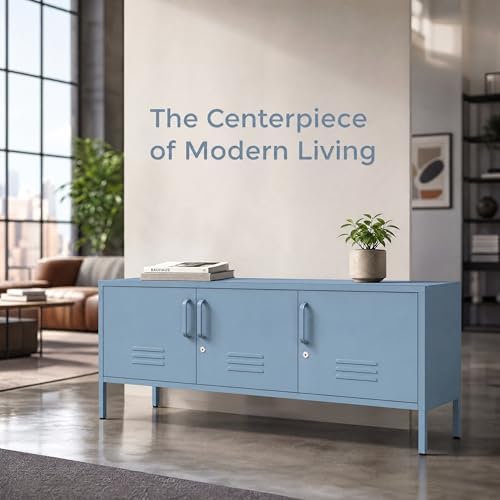 Blue Industrial Metal TV Stand with Lockable Storage Cabinet, Wide 3-Door Media Console, Adjustable Shelves, Multipurpose Accent Cabinet for Living Room Bedroom Home Office - Image 6