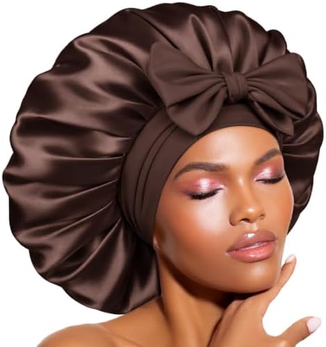 BONNET QUEEN XL Large Silk Like Bonnet for Sleeping for Curly Hair,Satin Bonnet with Adjustable Tie Band, Brown by BonnetQueen