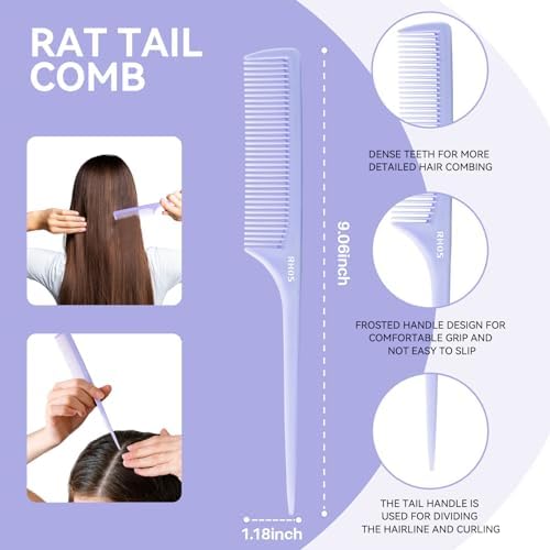 RHOS Hair Comb Set for All Hair Types and Genders - Wide, Fine Rat Tail, and Medium Detangling Combs for Styling (Purple) - Image 3