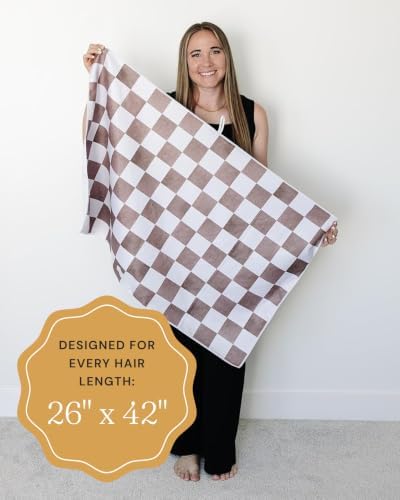 New Microfiber Hair Towel Collection – Mocha Check Quick Dry Hair Towel Wrap for Women – Anti-Frizz Microfiber Hair Turban for Long, Curly & Thick Hair with Large Loop Closure - Image 6