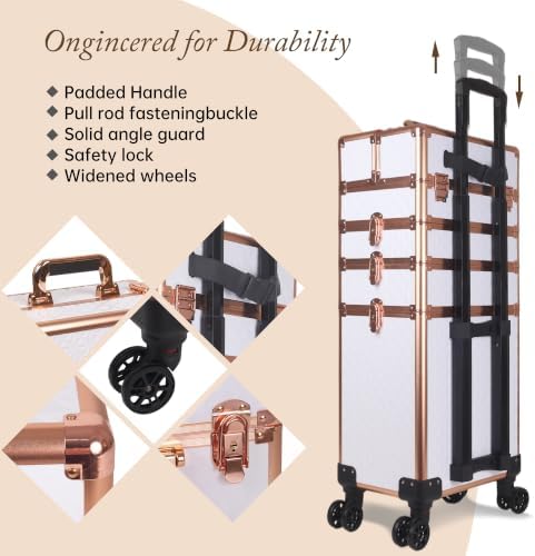 5 in 1 Rolling Makeup Train Case Professional Cosmetic Trolley Large Storage Organizer on Wheels for Hairstylist Artist Nail Beauty Salon Barber White - Gold Frame - Image 4