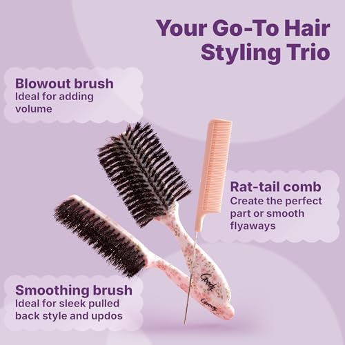 Goody 3-Piece Styling Hairbrush Set, Floral Pattern, Boar Bristle Smoothing Brush for Shine, Half-Round 180° Brush for Volume, Rat-Tail Comb for Precision, For All Hair Types, Gift for Women & Girls - Image 3