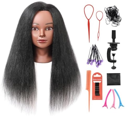 Mannequin Head with 100% Real Hair, 16" Cosmetology Mannequin Manikin Training Practice Doll Head for Hairdresser Braiding Hair Styling Hairdressing with Clamp Holder- Black by Armmu