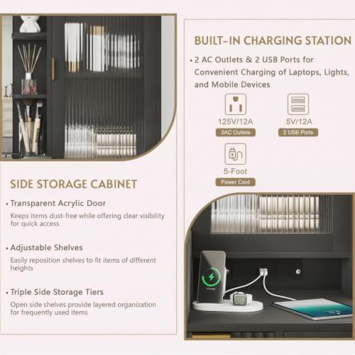 Black Vanity Desk with Mirror and Lights, 49" Fluted Wood Makeup Vanity Table with Modern Glass Top, Charging Station, 5 Drawers, 2 Cabinet with Adjustable Shelves, Salon Station,Wood - Image 4
