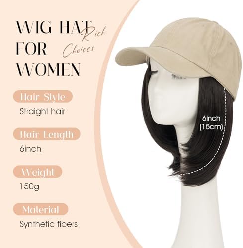 Rich Choices Hat Wigs for Women,Khaki Baseball Cap with Hair Extensions for Women,Short Bob Hairstyle Caps with Straight Synthetic Hair Attached Adjustable Baseball Cap Wig 6 Inch Dark Brown Hair - Image 2