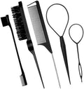 5Pcs Slick Back Brush Set with Topsy Tail Tool, Teasing Bristle, Rat Comb for Women & Girls Hair Styling, Flyaways Control and Edge Combing - BIACK by Chayumda