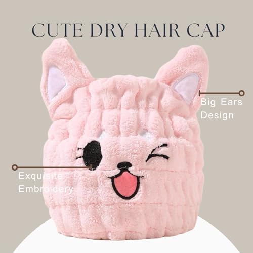 Hair Towel Wrap for Kid, Pink Fox Toddler Dry Head Cap Absorbent Quick - Image 3
