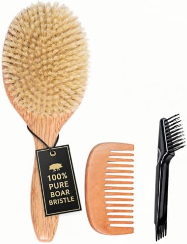 100% Boar Bristle Hair Brush for Fine Thin Hair, Natural Soft Boar Bristle Oval Cushion Brush with North American Oak Wood Handle for Women, Smooth Frizz & Enhance Shine, Wide Tooth Comb & Cleaner by popcode