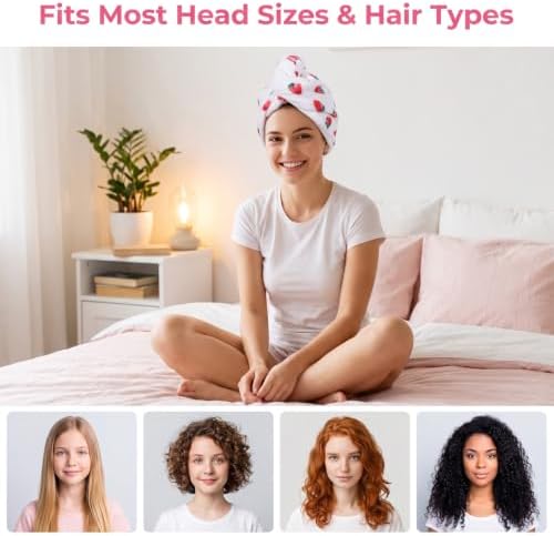 Microfiber Hair Towel Wrap, Quick Drying Hair Turban Towels, Strawberry - Image 5