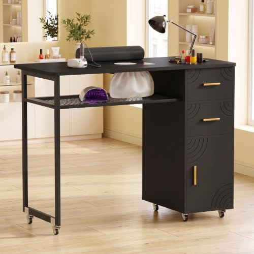 Manicure Table Nail Desk with Dust Collector & Wheels (Black) by Oakvera