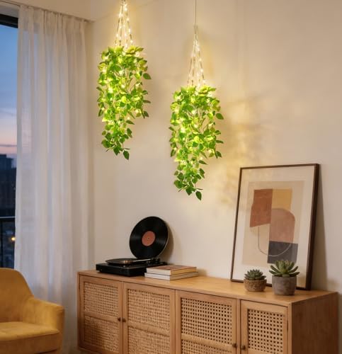 Mkono 2 Packs Fake Hanging Plant with Lights, Artificial Plants for Home Decor Indoor Macrame Plant Hanger with Fake Vines, Batteries NOT Included - Image 2