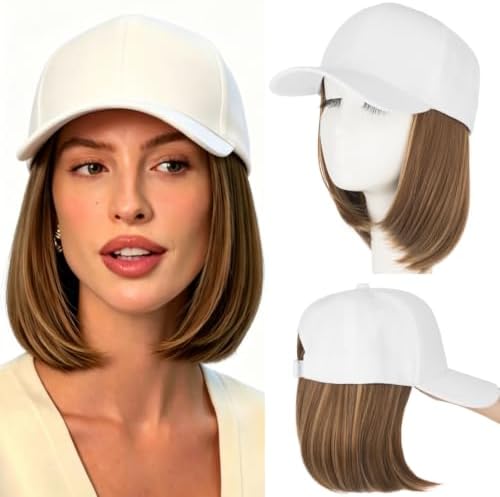 Rich Choices Hat Wigs for Women,White Baseball Cap with Hair Extensions for Women,Short Bob Hairstyle Caps with Hairs Attached Adjustable Baseball Cap Wig 6 Inch-Highlighted Dark Brown Hair by RichChoices