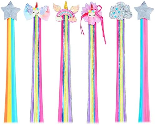 6 Set Rainbow Colored Straight Hair Clips with Unicorn Accessories - Thick Wig Bangs and Ponytail Extensions for Girls by IdealSwanBeauty