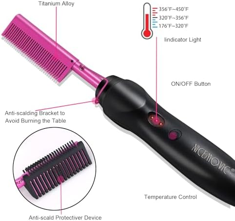 NICEMOVIC Ceramic Heating Hair Straightener Comb - Hot Pressing Brush for Natural Black Hair, Beard Wigs, and Curling (Pink) - Image 7