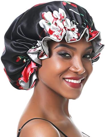 SENGTERM Women Adjustable Satin Bonnet Silky Sleep Cap Hair Bonnet Double Layered Reversible for Curly,Natural, Hair (XL-ADULT, XL Black Flower) - Image 5
