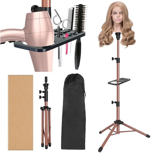 ZQIAN BEAUTY Wig Stand Tripod 50 Inch Metal Wig Mannequin Head Tripod Stand For Hairdressing Training Head Adjustable Wig Tripod Stand with Tool Tray (Latte, Mannequin Head Not Included) by ZQIANBEAUTY