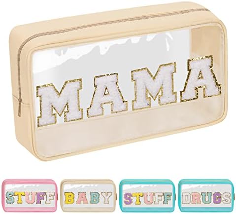 Iqimott Clear Patch Makeup Bag Mama Pouch, Preppy Personalized Chenille Letter Cosmetic Pouch for Travel, Nylon Waterproof Travel Essentials Zipper Toiletry Bags for Women Girls(MAMA, Beige) by Iqimott