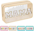 Iqimott Clear Patch Makeup Bag Mama Pouch, Preppy Personalized Chenille Letter Cosmetic Pouch for Travel, Nylon Waterproof Travel Essentials Zipper Toiletry Bags for Women Girls(MAMA, Beige) by Iqimott