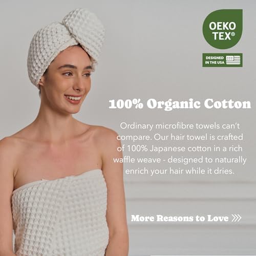 Luxury Organic Japanese Cotton Hair Drying Waffle Towel Wrap for Women | Absorbent, Quick-Dry Head Turban for Shower, Sauna, Spa | Extra Large for Long, Curly, Straight Hair With Button (White, 1 Pc) - Image 4