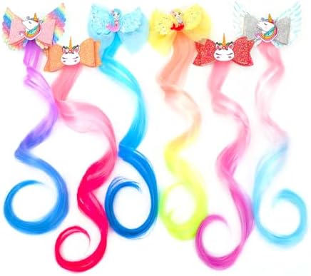 6 Pcs Hair Accessories for Girls,Bows for Girls,Unicorn Hair Clips with Colorful Ombre Hair Extensions, Glitter Bow Design by JIUSERLU