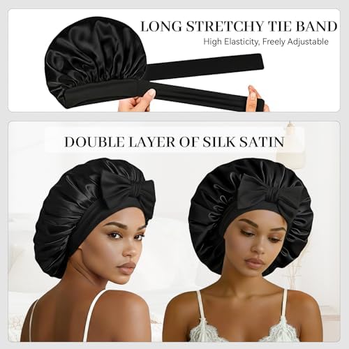 Silk Bonnet for Sleeping Satin Hair Bonnet Double Layer Adjustable Sleep Cap with Elastic Tie Band - Image 5