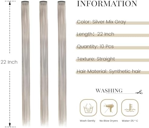 10 Pcs Colored Clip in Hair Extensions 22 Inch Silver Mix Gray - Image 2