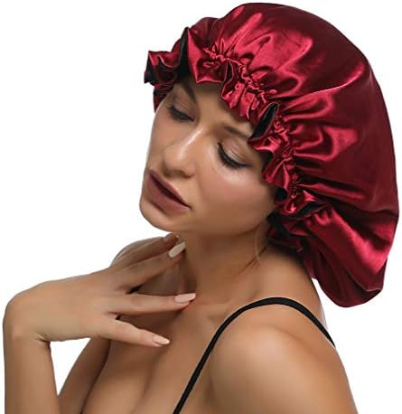 Women Large Satin Bonnet Adjustable Silky Sleep Cap Hair Bonnet Double Layered Reversible for Curly,Natural Hair (XL-Adult, XL Black-Red) - Image 4