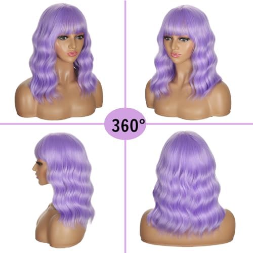 Sebast Pastel Bob Wigs with Bangs for Women Loose Wavy Wig Pastel Wavy Shoulder Length Bob Synthetic Cosplay Wig for Girl Colorful Costume Wigs (Taro Purple) - Image 5